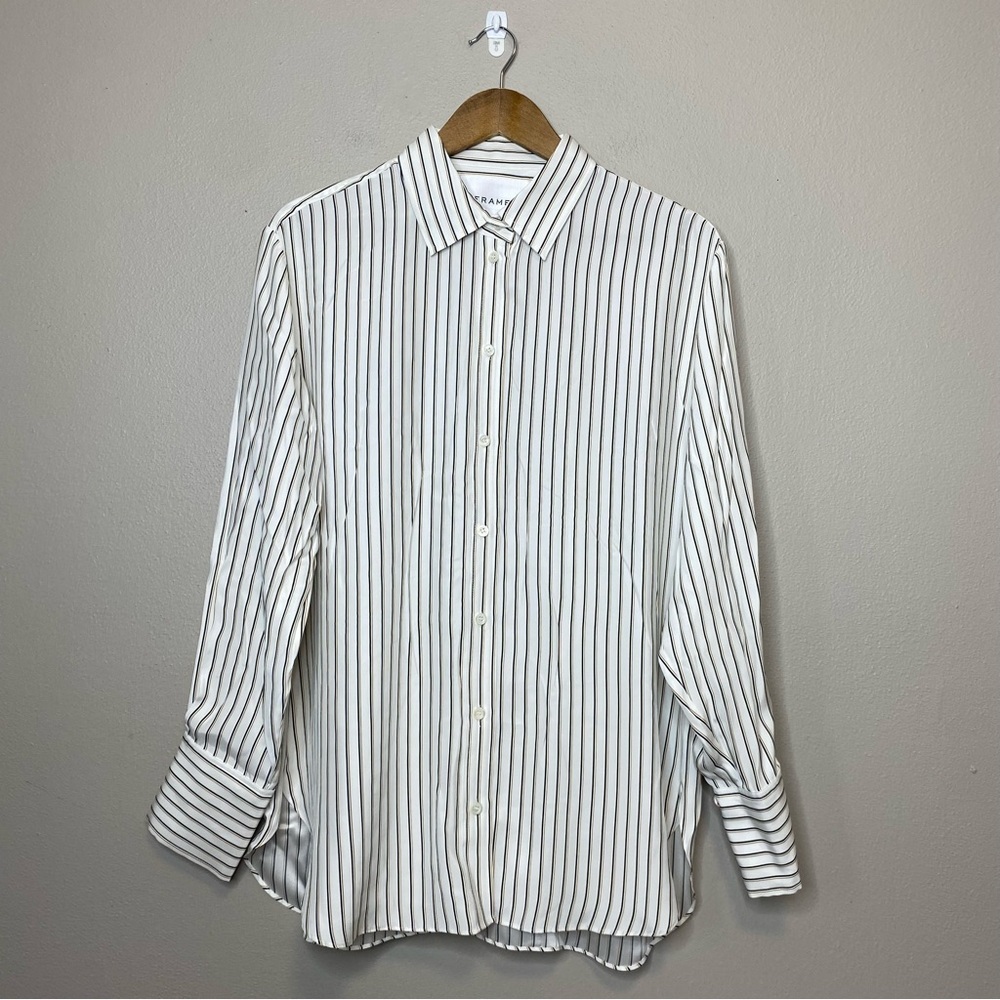 Frame 100% Silk Off White Multi Stripe Button Down Blouse Oversized Relaxed sm - Picture 5 of 12